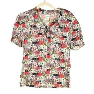 Vintage Sears JR Bazaar Patchwork Floral Tie Front Top Short Sleeve ML Med Large
